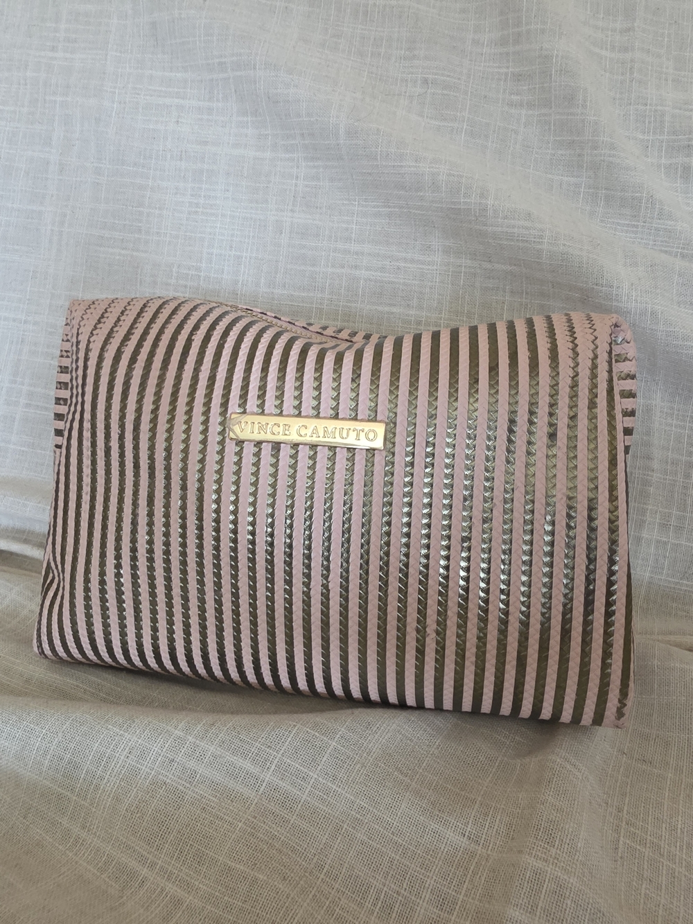 Vince Camuto Pink Metallic Stripe Cosmetic Pouch Cute Travel Makeup Good Size